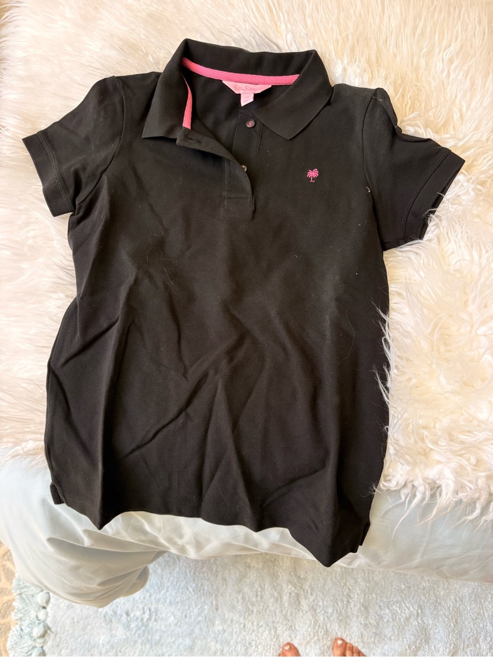 Lilly Pulitzer Black Polo Top with Pink Trim and Palm Logo
